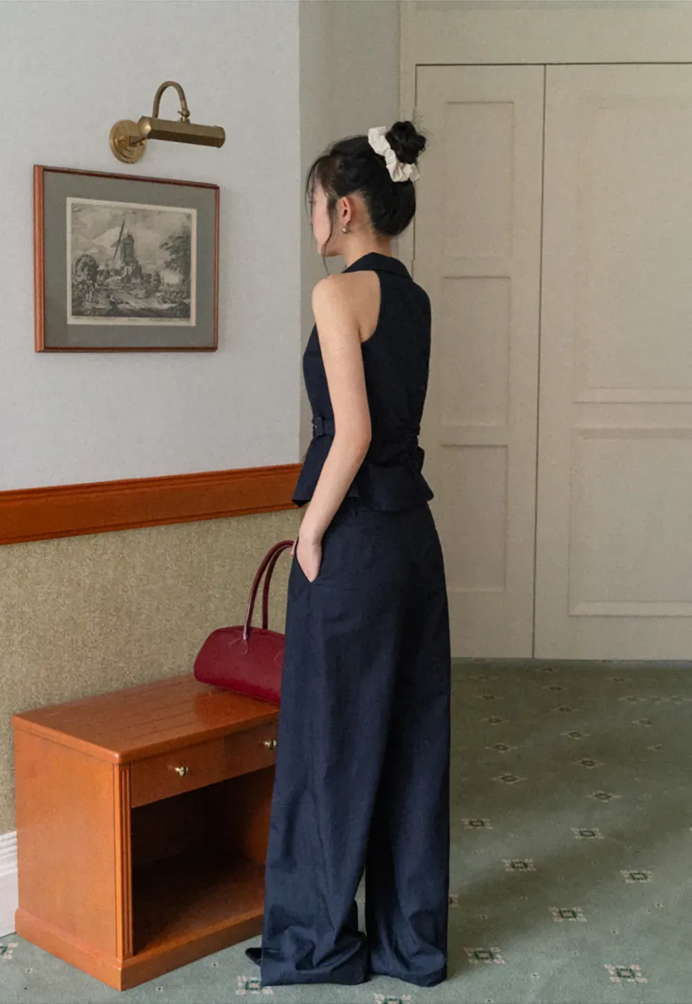 Sleeveless Collared Top with Wrap Detail and Wide Leg Pants