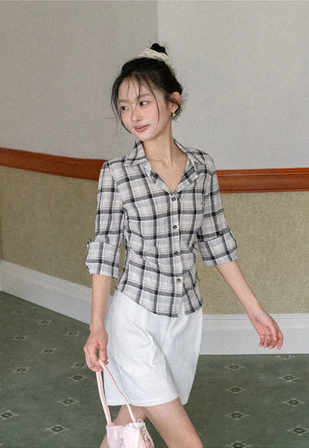 Plaid Shirt with Rolled Sleeves and Button Front