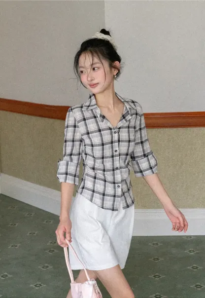 Plaid Shirt with Rolled Sleeves and Button Front