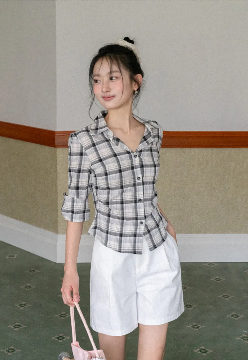 Plaid Shirt with Rolled Sleeves and Button Front