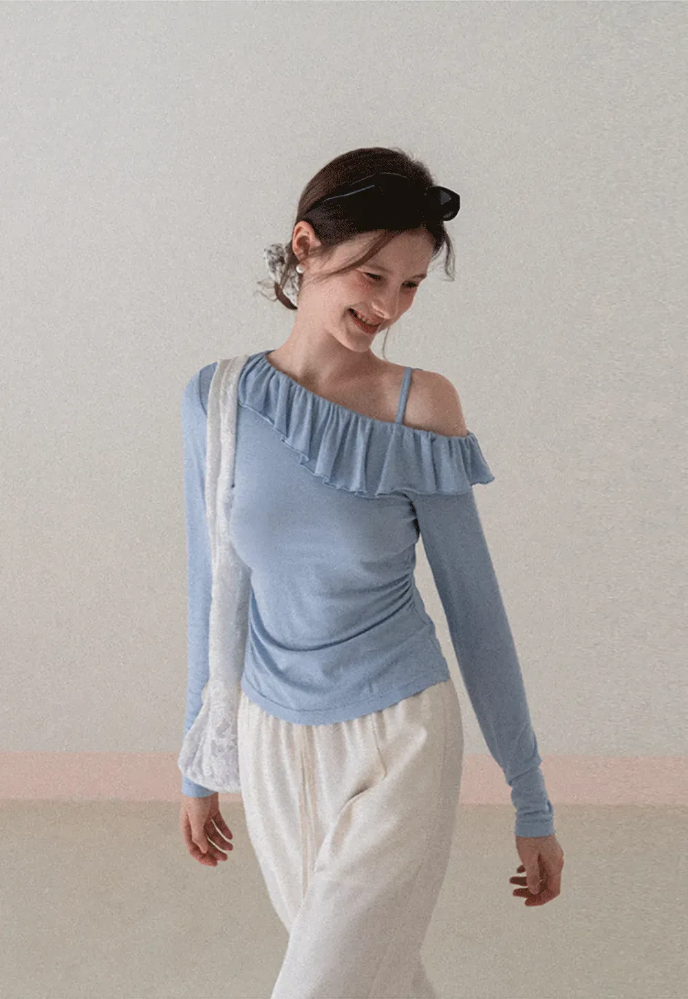 Long Sleeve Top with Ruffled Off Shoulder Design