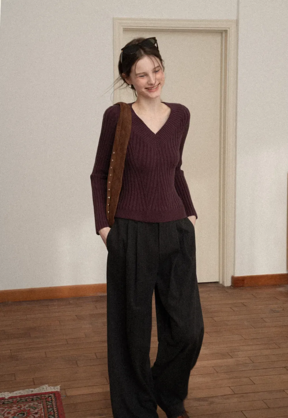 Elegant Ribbed Knit Sweater with V-Neck Design