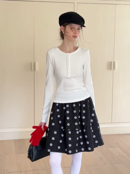 Floral Print Woolen Puff Skirt
