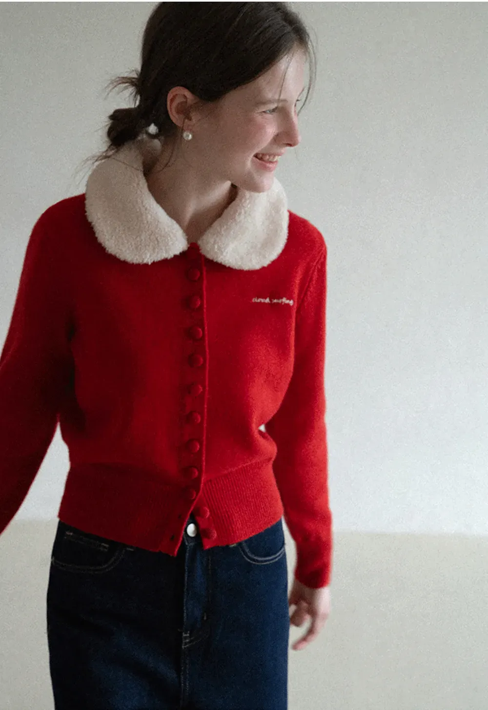 Soft Collar Knit Cardigan with Embroidery Design