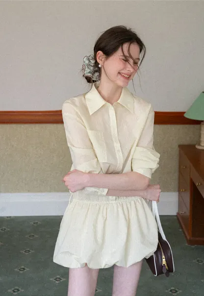 Button Front Shirt Dress with Pleated Pocket and Elastic Waist