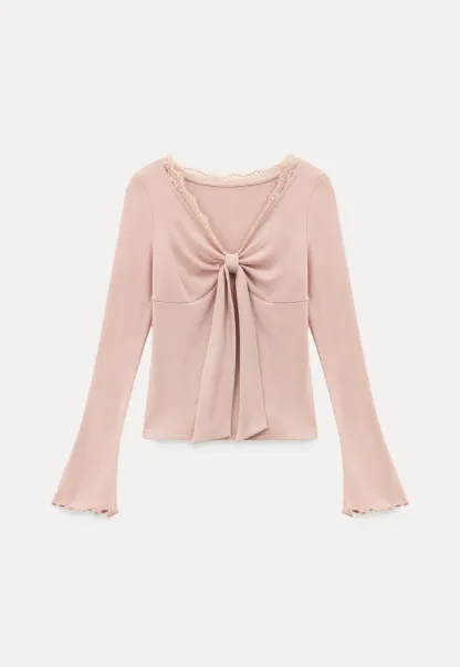 Elegant V Neck Long Sleeve Top with Bow Detail