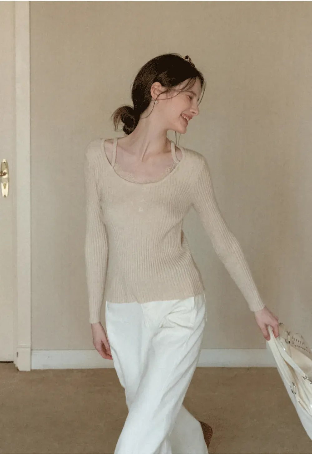 Ribbed knit sweater with boat neck and long sleeves