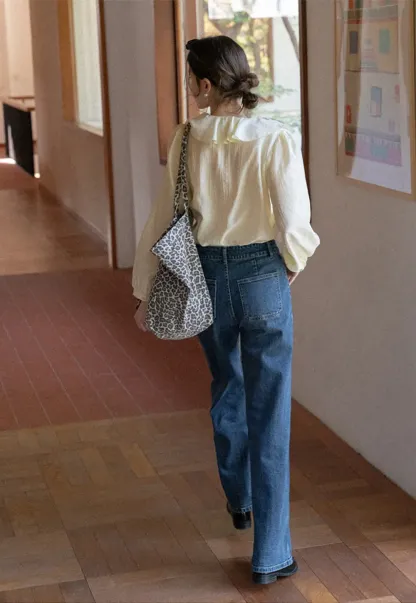 Ruffled Collar Long Sleeve Blouse with Tie Front