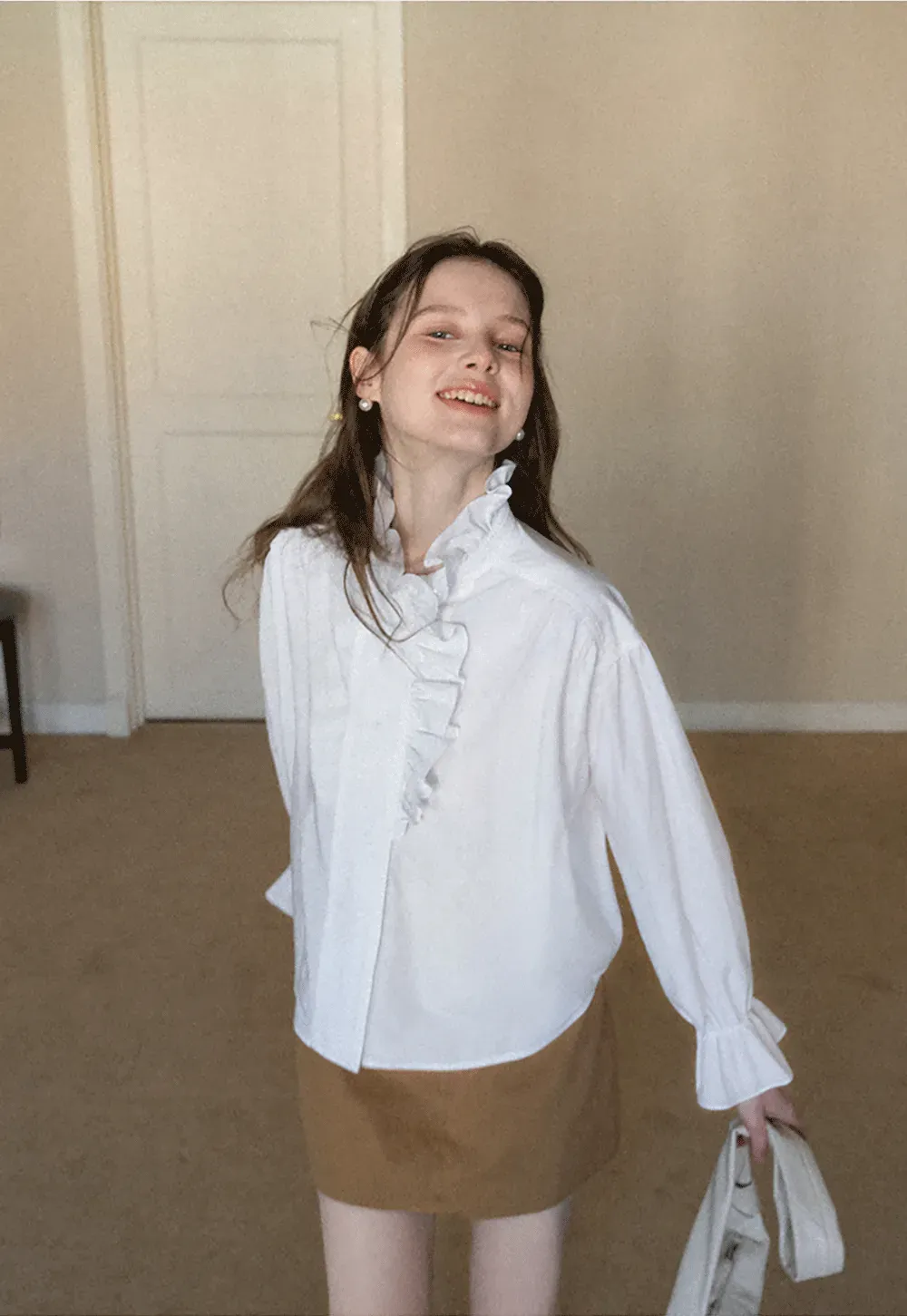 Elegant Ruffled Collar Blouse with Flared Cuffs