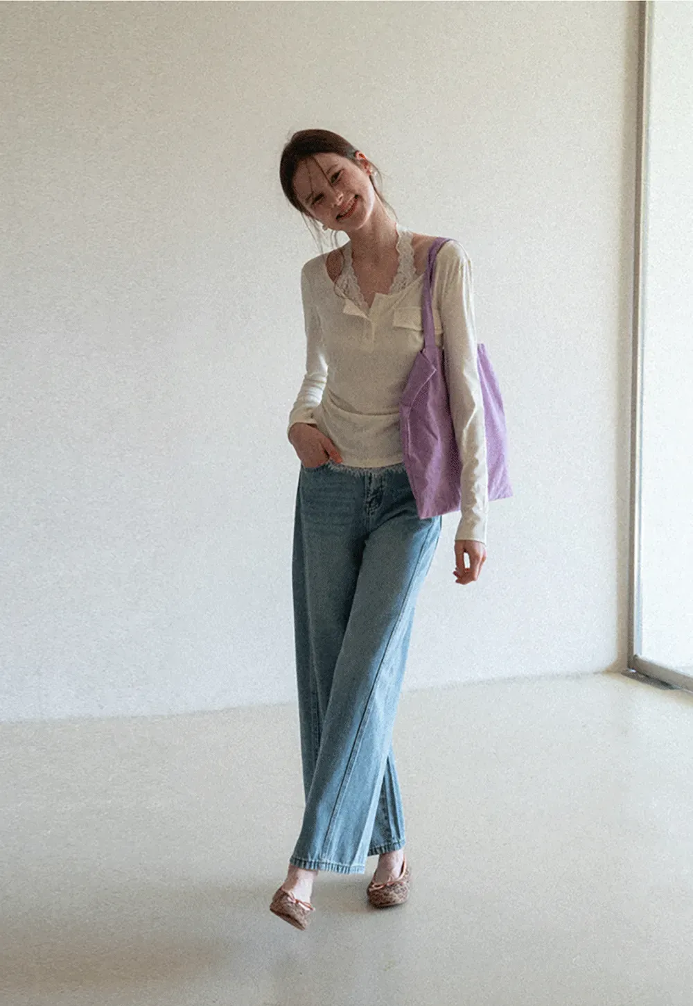 Long sleeve Henley top with lace trim