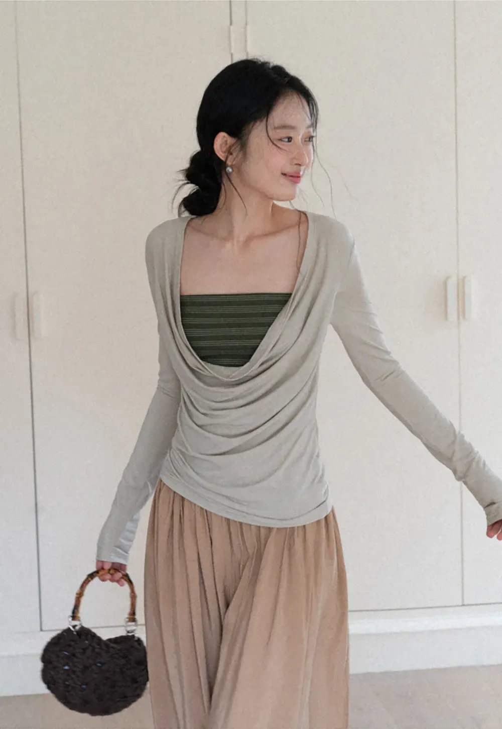 Long sleeve draped neckline top with square cutout