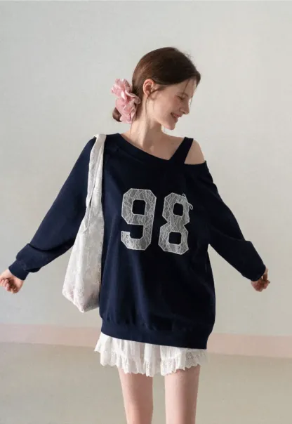 Off Shoulder Sweatshirt with Lace Number Print