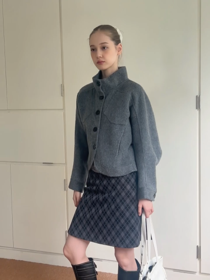 Stand Collar A-line Waist Cinching Cropped Double-Faced Coat