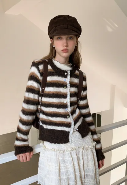 Vintage Striped Knit Cardigan for Women Casual