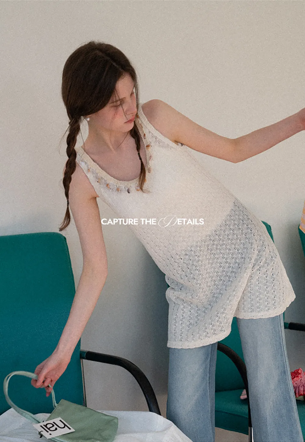 knitted sleeveless tank top with lace trim and button details