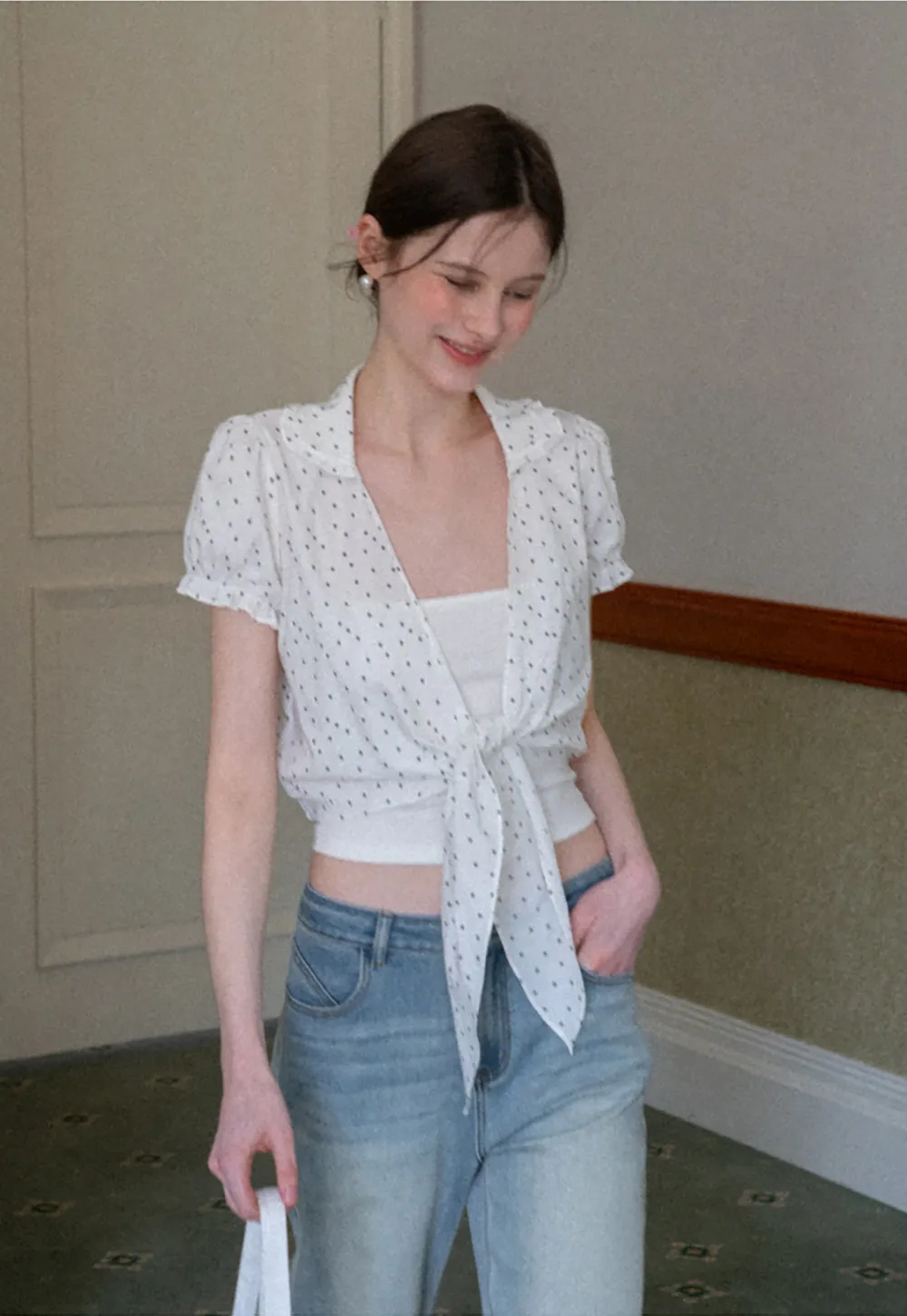 Polka dot short sleeve shirt with front tie detail