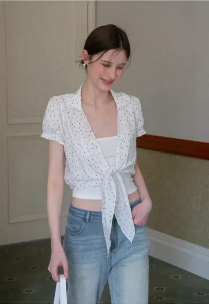 Polka dot short sleeve shirt with front tie detail