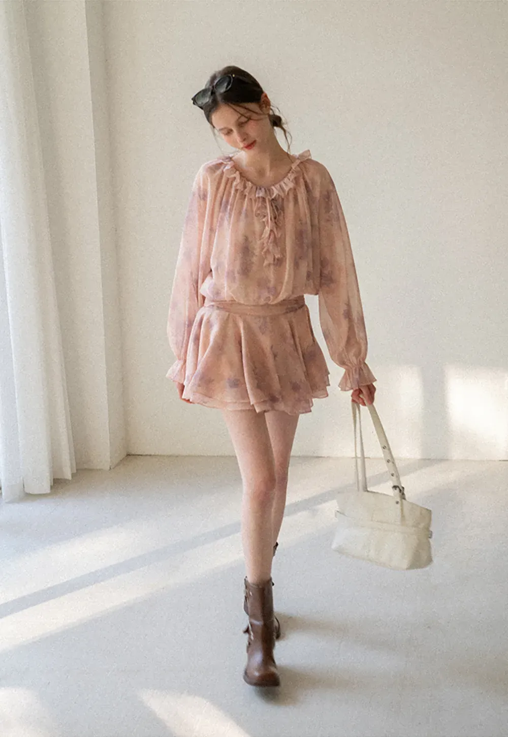 Floral Print Ruffled Neck Long Sleeve Dress