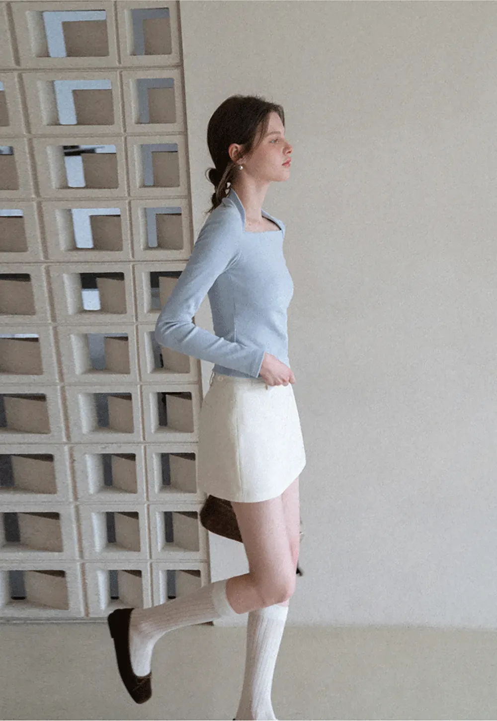 square neck long sleeve top fitted design women's t shirt