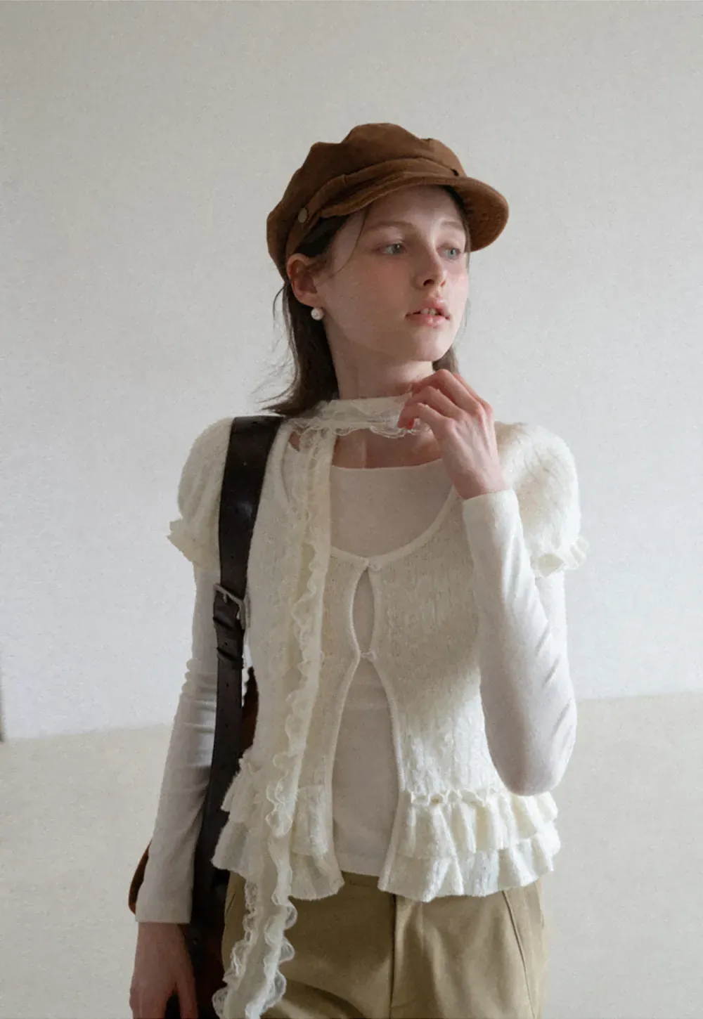 floral lace top with puffed sleeves and ruffled hem