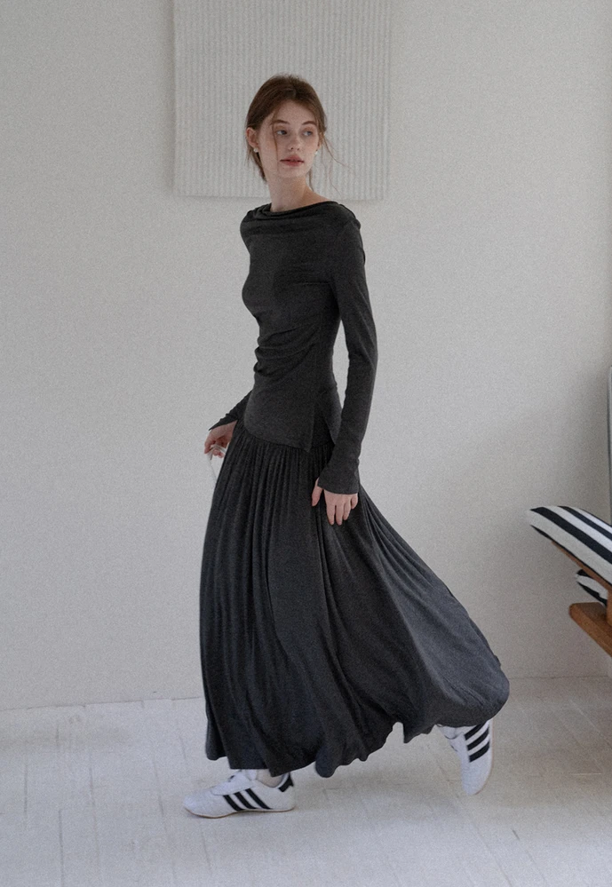 Long Sleeve Draped Top Midi Skirt Set