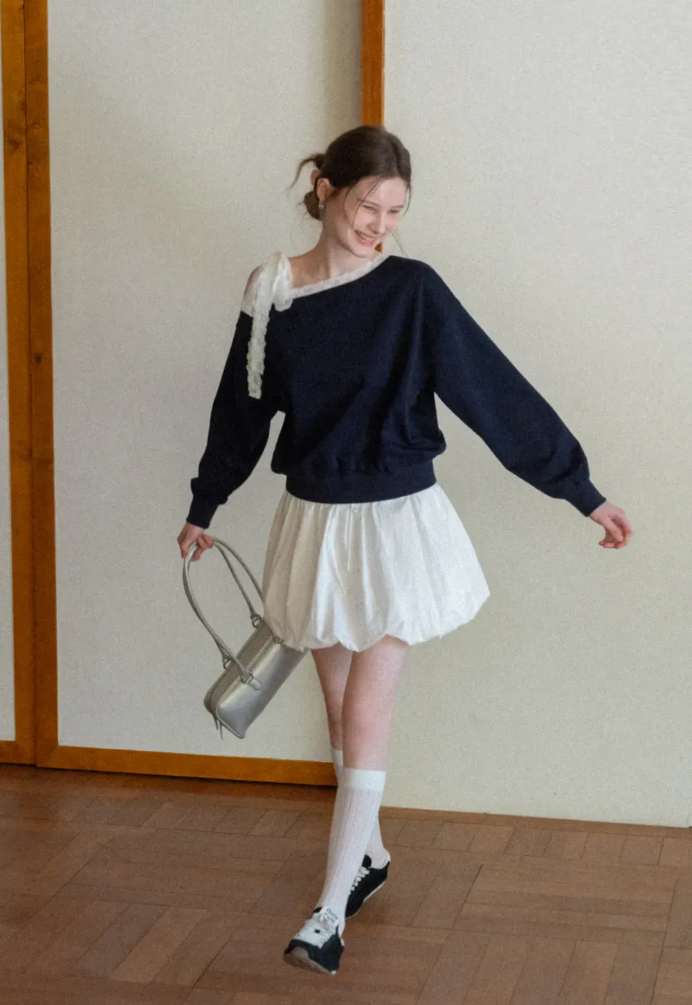 Off shoulder sweatshirt with lace trim detail