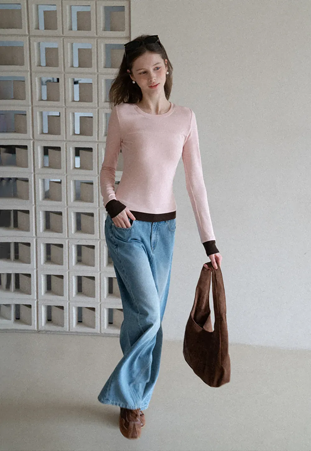 Long sleeve round neck layered t shirt design top