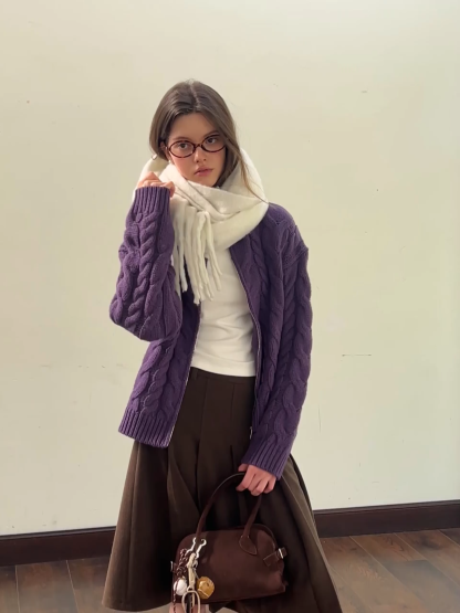 Stand-Collar Cable Zip Sweater