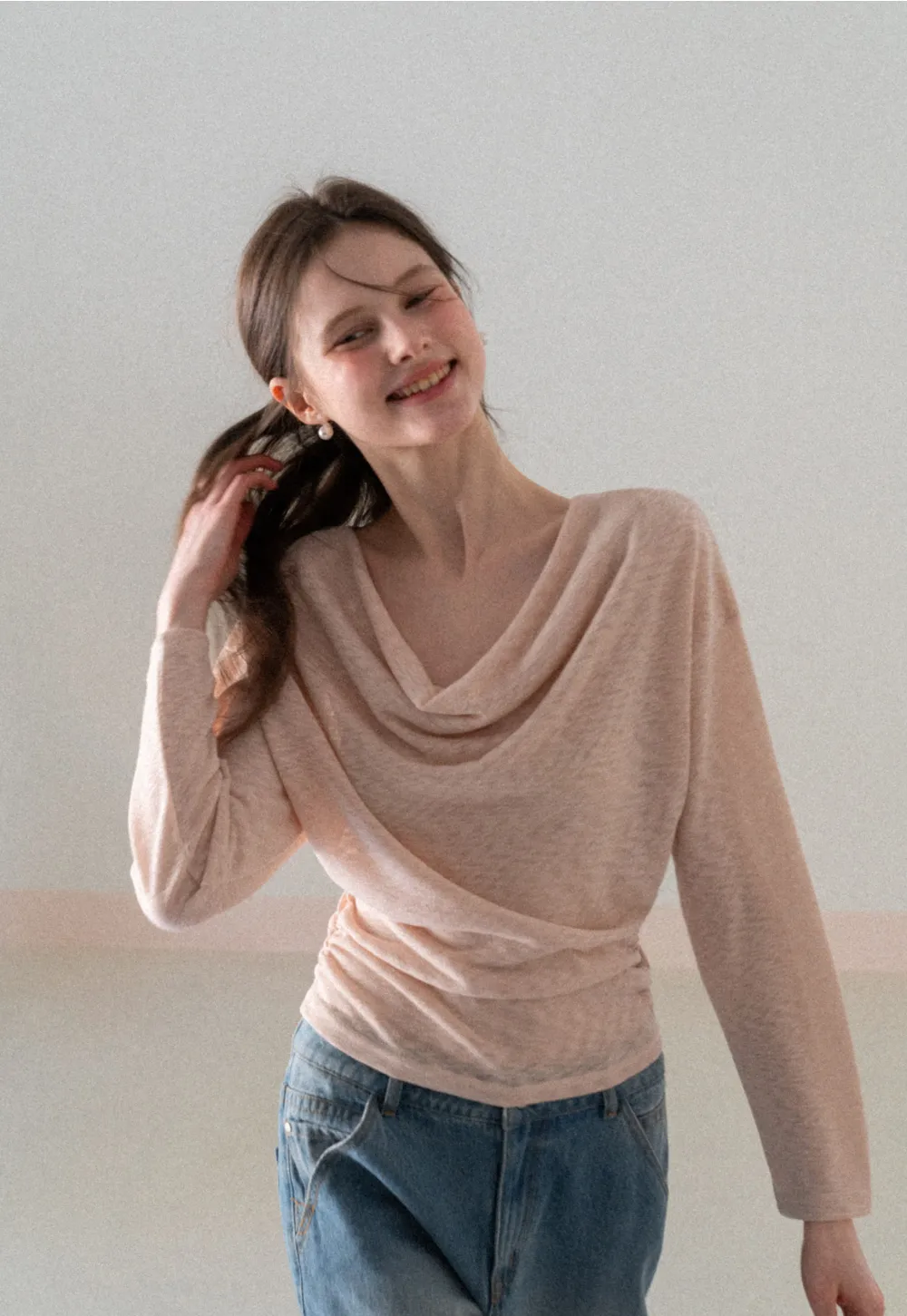 Long sleeve off shoulder draped knit top
