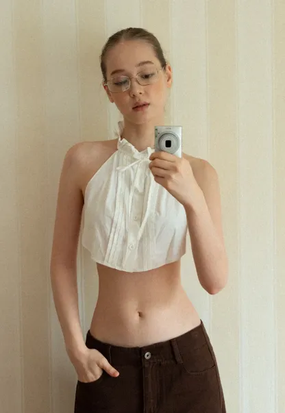 Women White Ruffle Collar Button-Down Crop Top