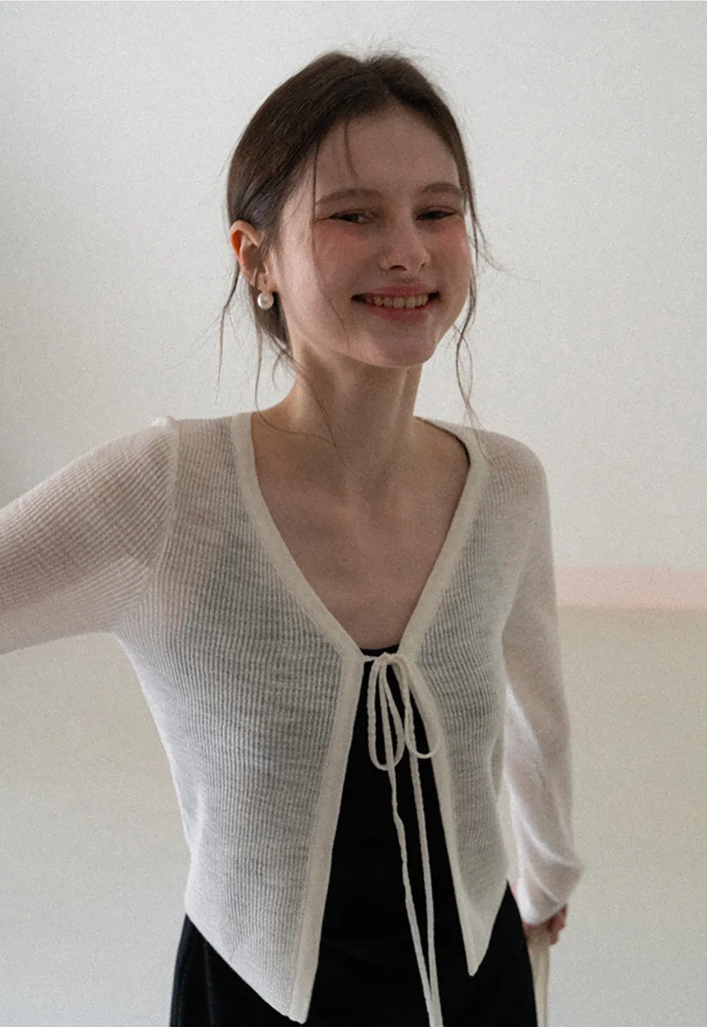 V Neck Long Sleeve Knit Cardigan with Front Tie