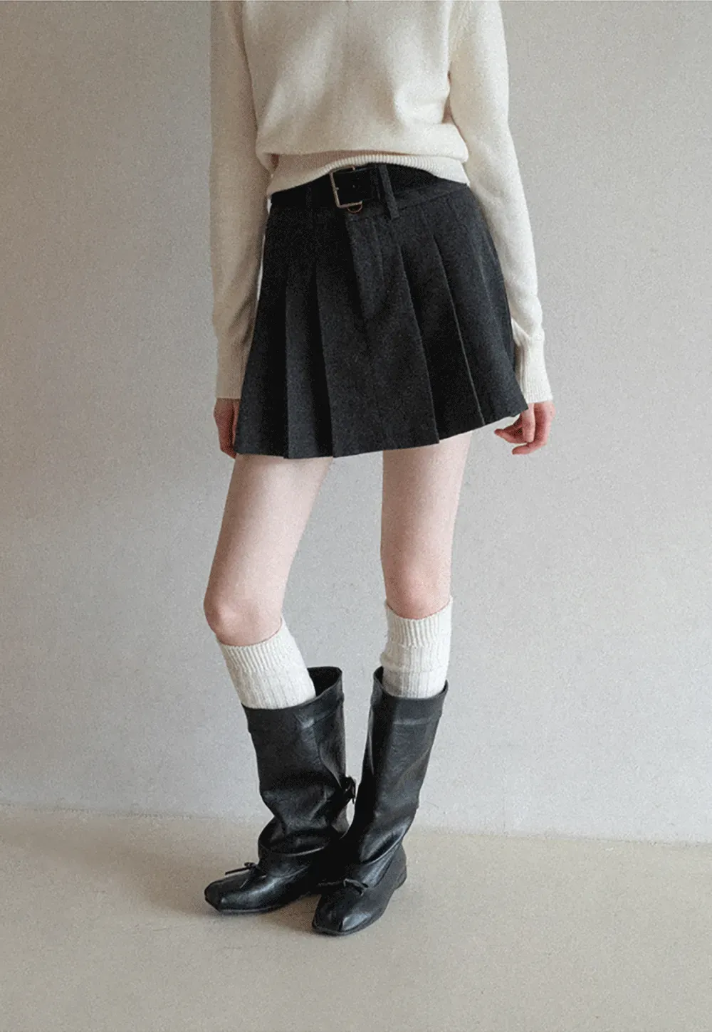 Pleated Mini Skirt with Belt Detail