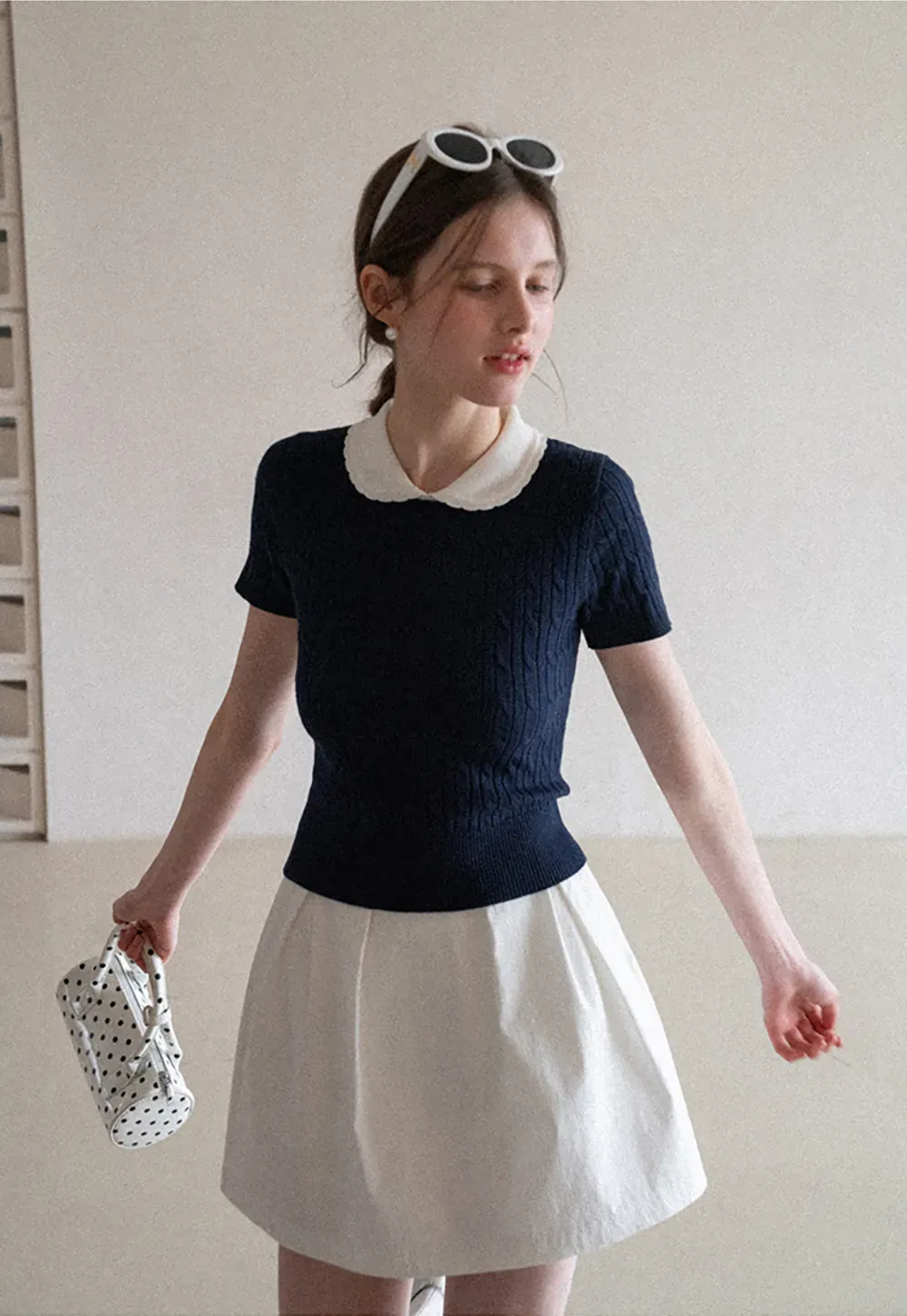 Cable Knit Short Sleeve Sweater with Collar