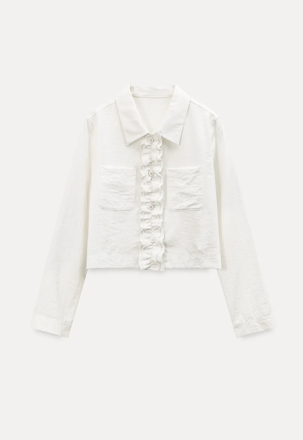 Short jacket with ruffled front placket and collar