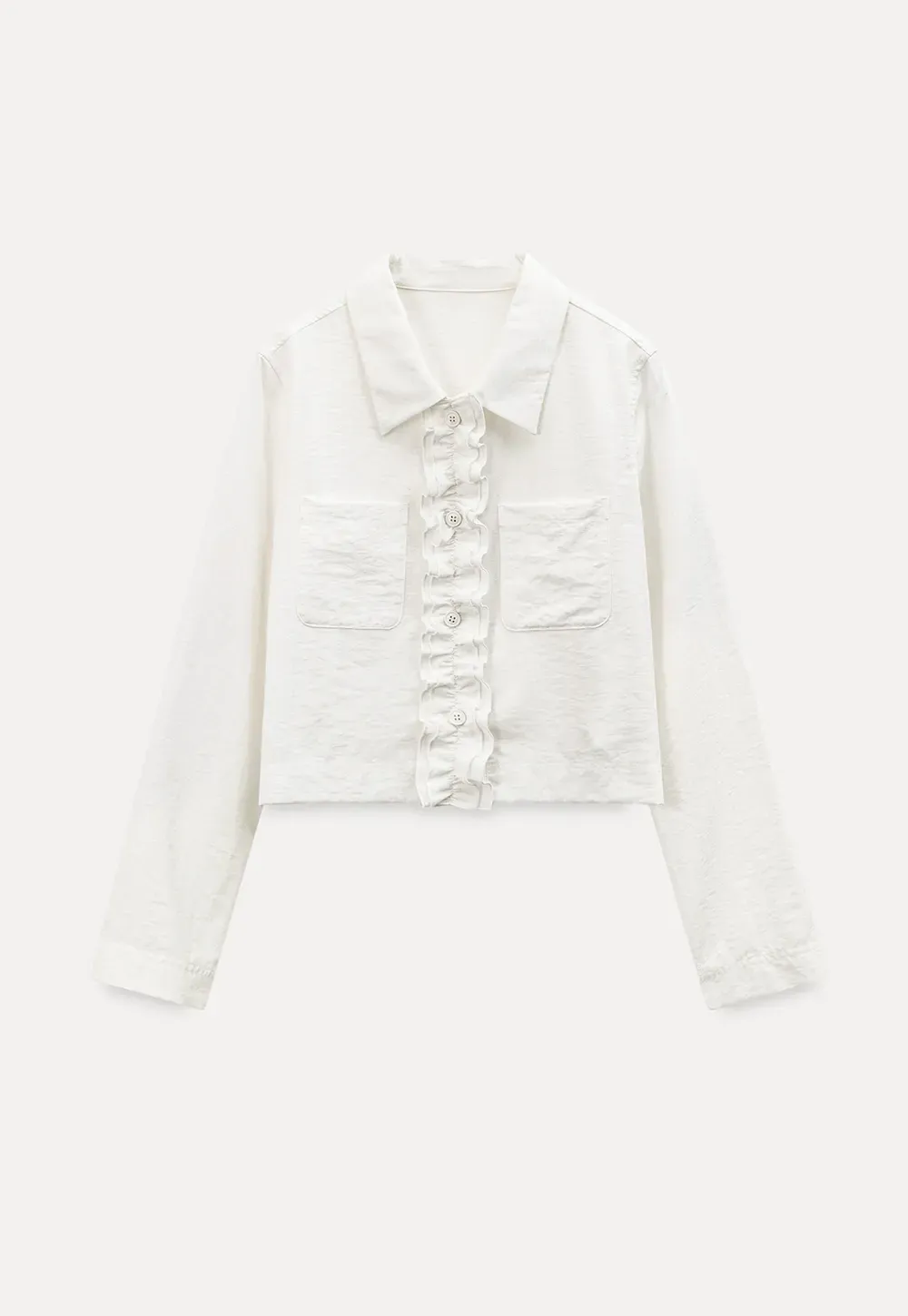 Short jacket with ruffled front placket and collar