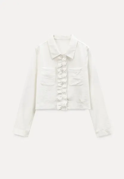 Short jacket with ruffled front placket and collar