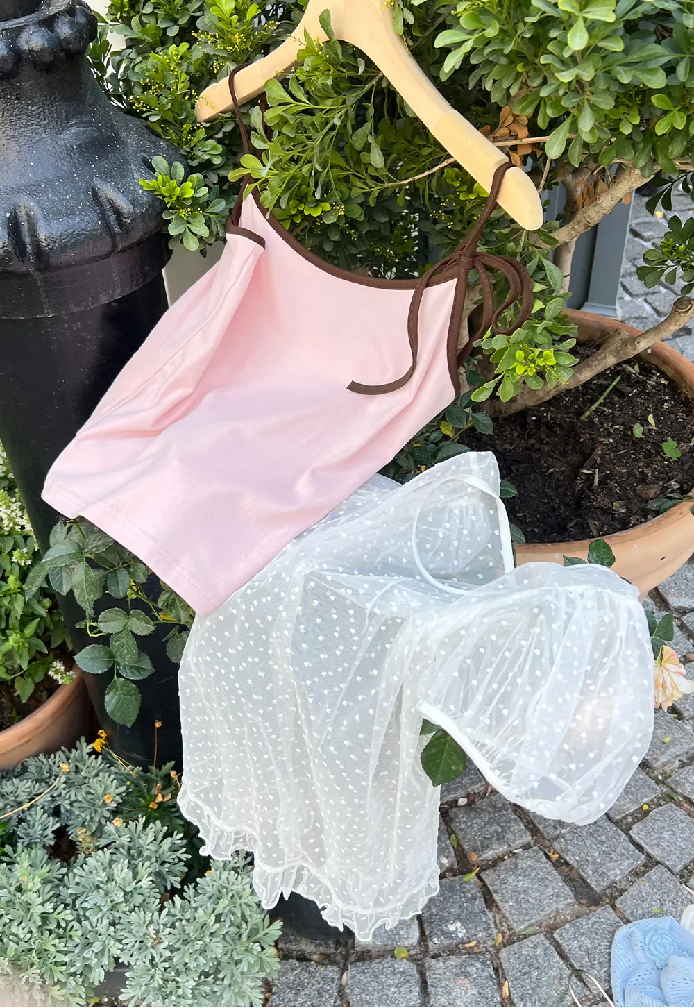 Sheer Mesh Trimmed Tank Top with Bow Detail