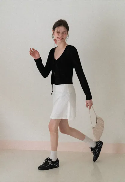 V Neck Long Sleeve Knit Cardigan with Front Tie