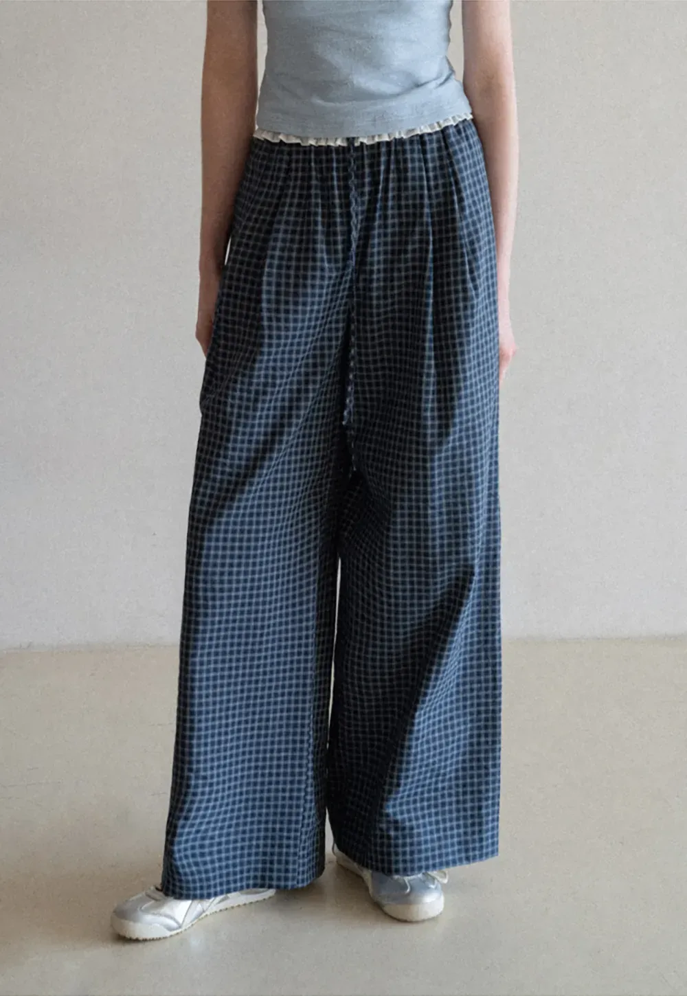 Wide Leg Plaid Casual Pants with Ruffled Waistband