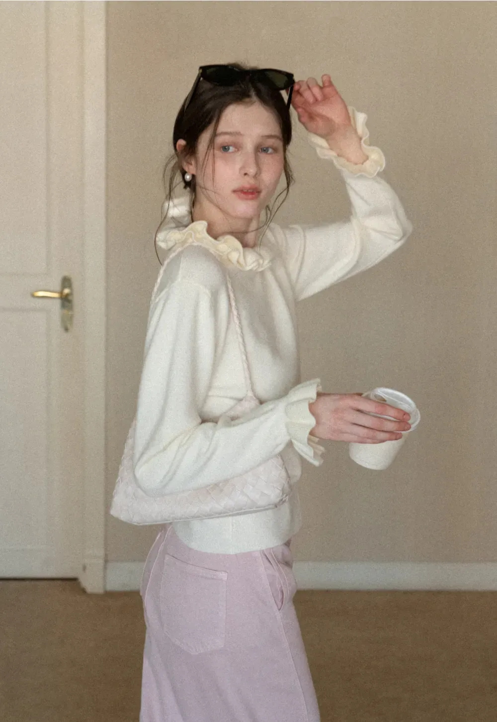 Elegant Ruffle Detail Knit Sweater with Flared Cuffs and Neckline