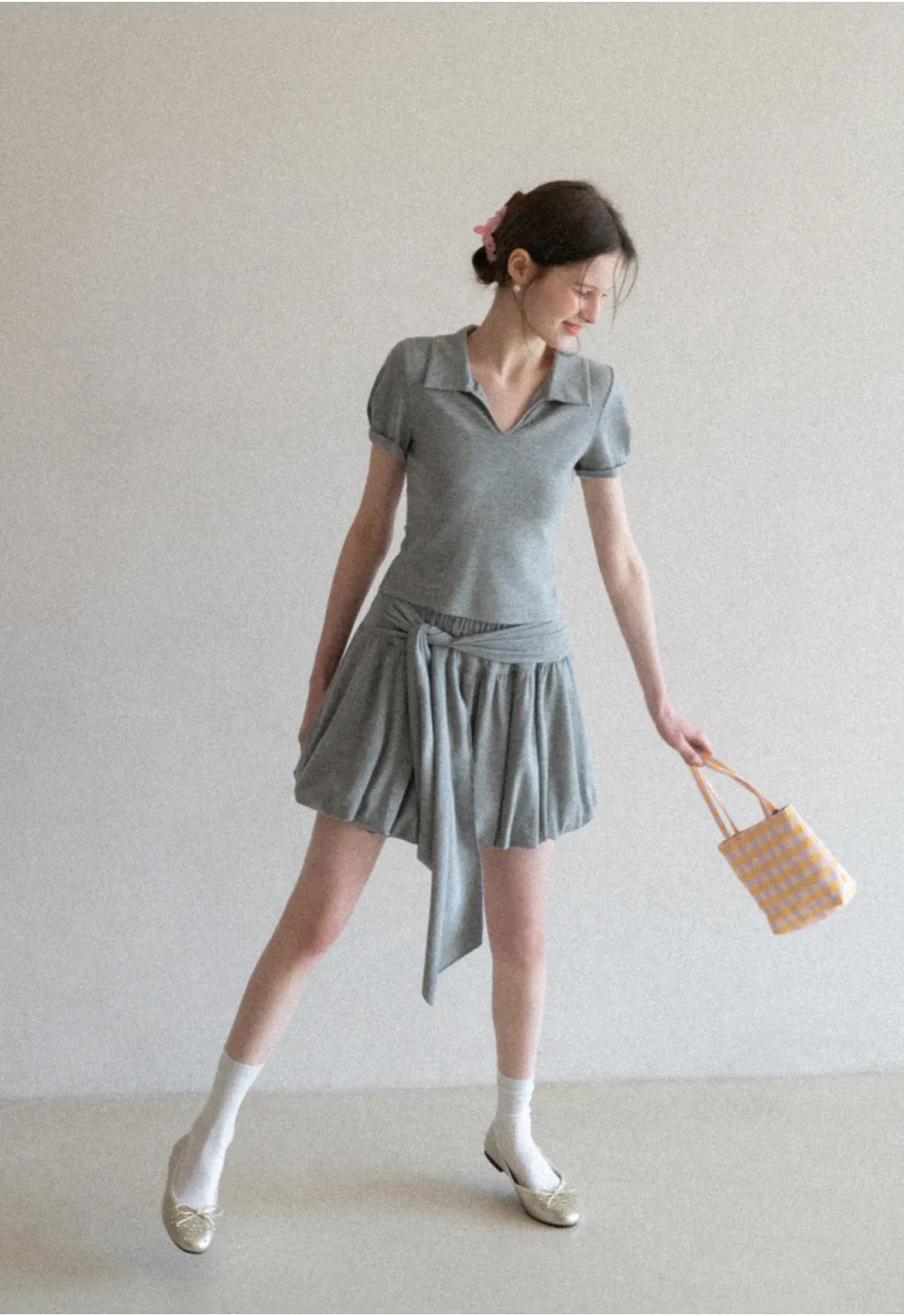 Polo collar short sleeve top with pleated skirt