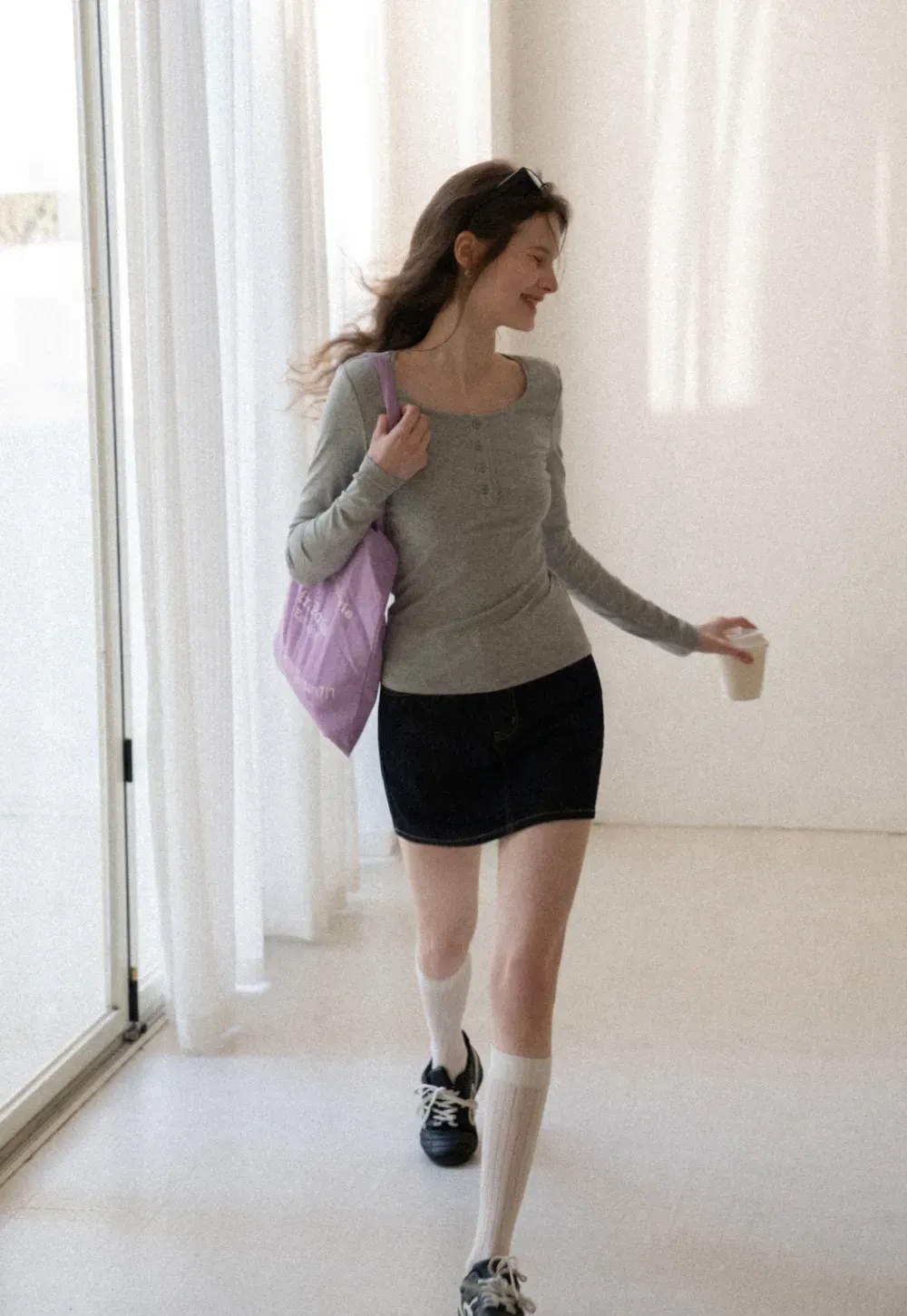 Long sleeve henley top with front buttons