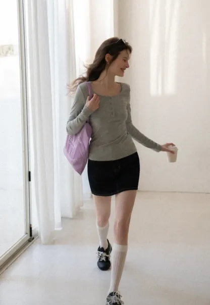 Long sleeve henley top with front buttons