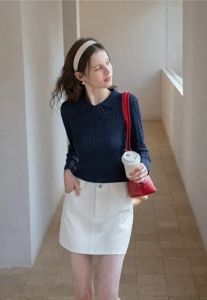 Cable Knit Long Sleeve Polo Neck Cropped Sweater