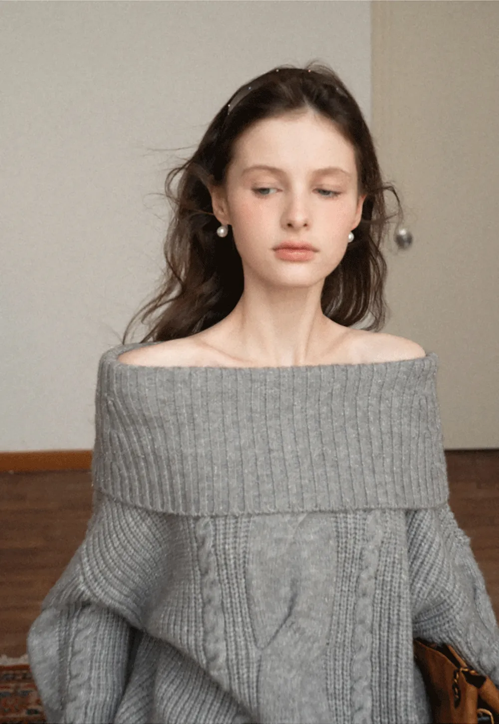 Gray Cable-Knit Turtleneck Sweater