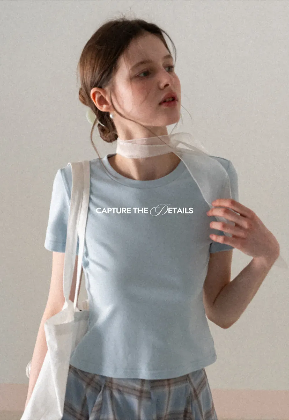 Short Sleeve Crew Neck T Shirt with Sheer Scarf Detail