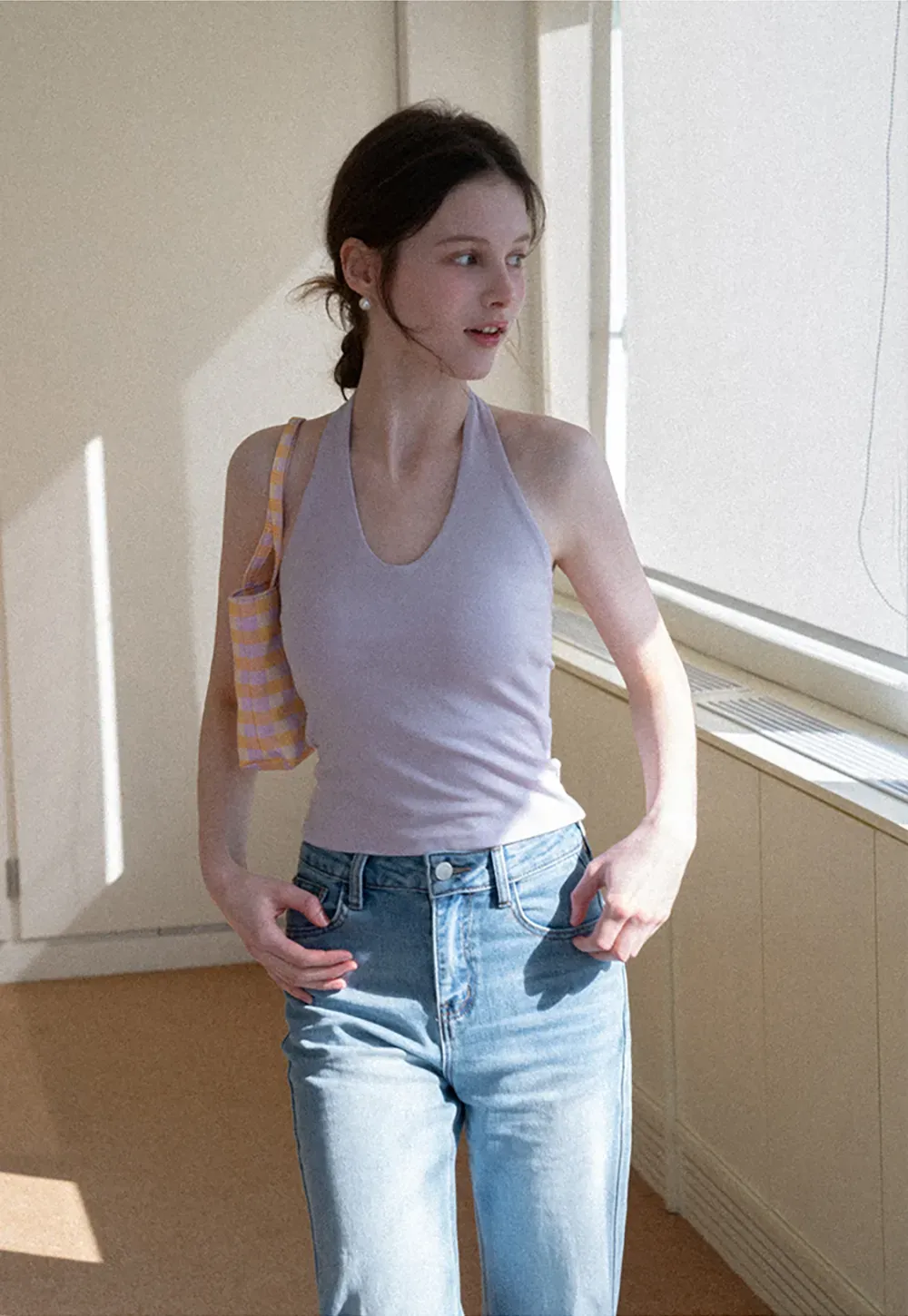 V neck halter tank top with fitted silhouette