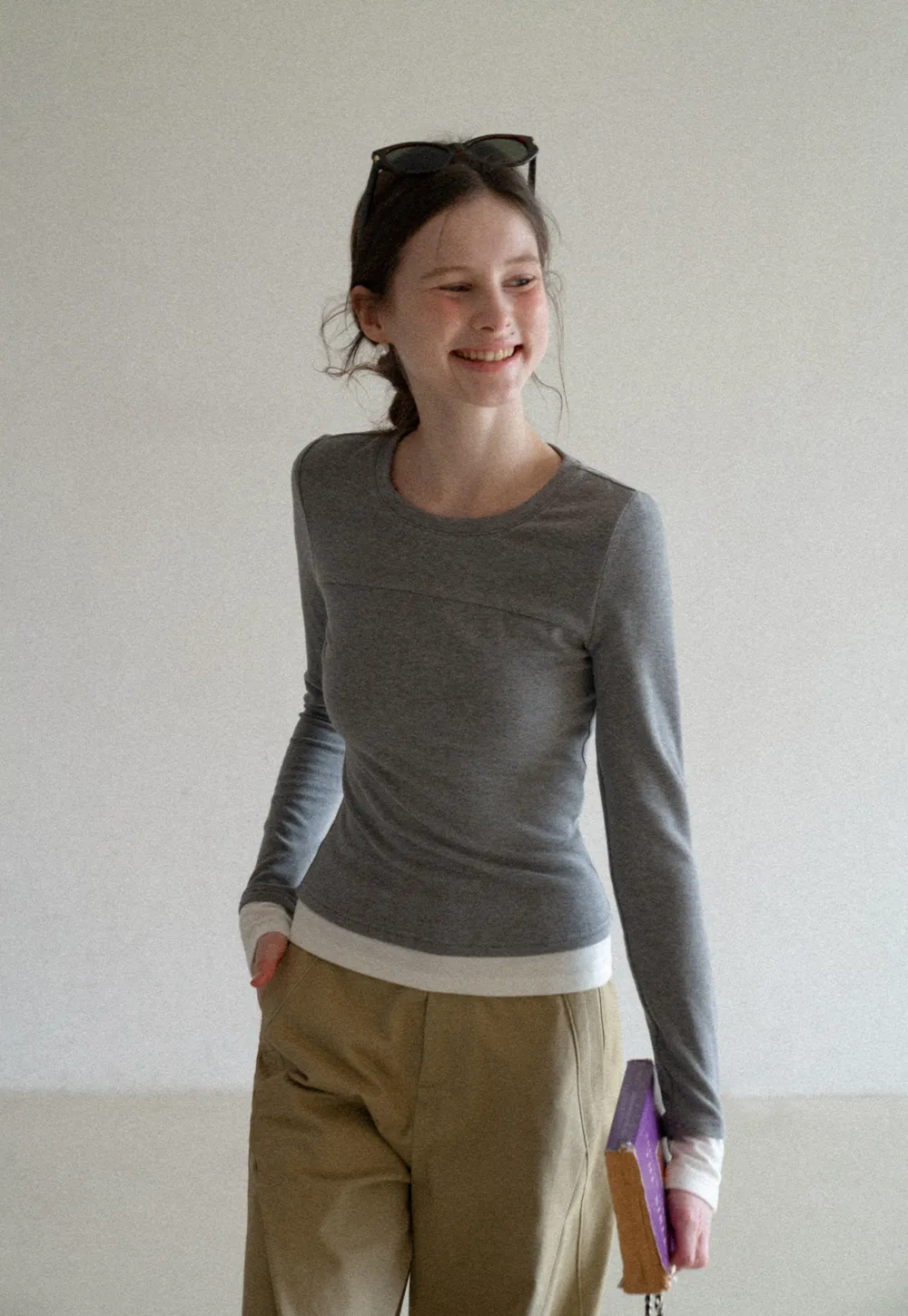 Long sleeve round neck layered t shirt design top