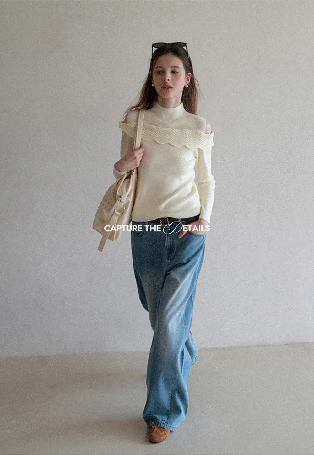 Elegant Off Shoulder Knit Sweater with Wave Detail