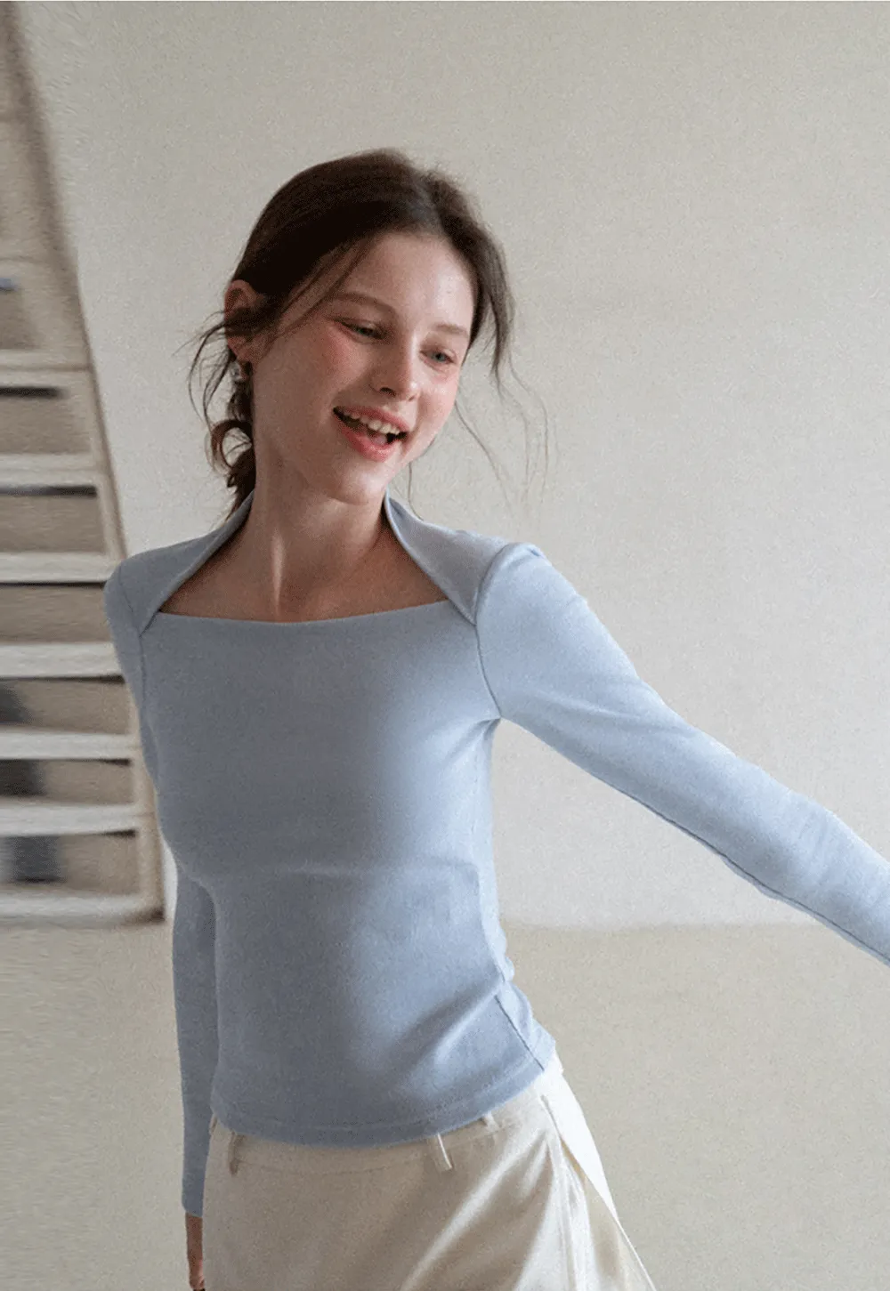 square neck long sleeve top fitted design women's t shirt